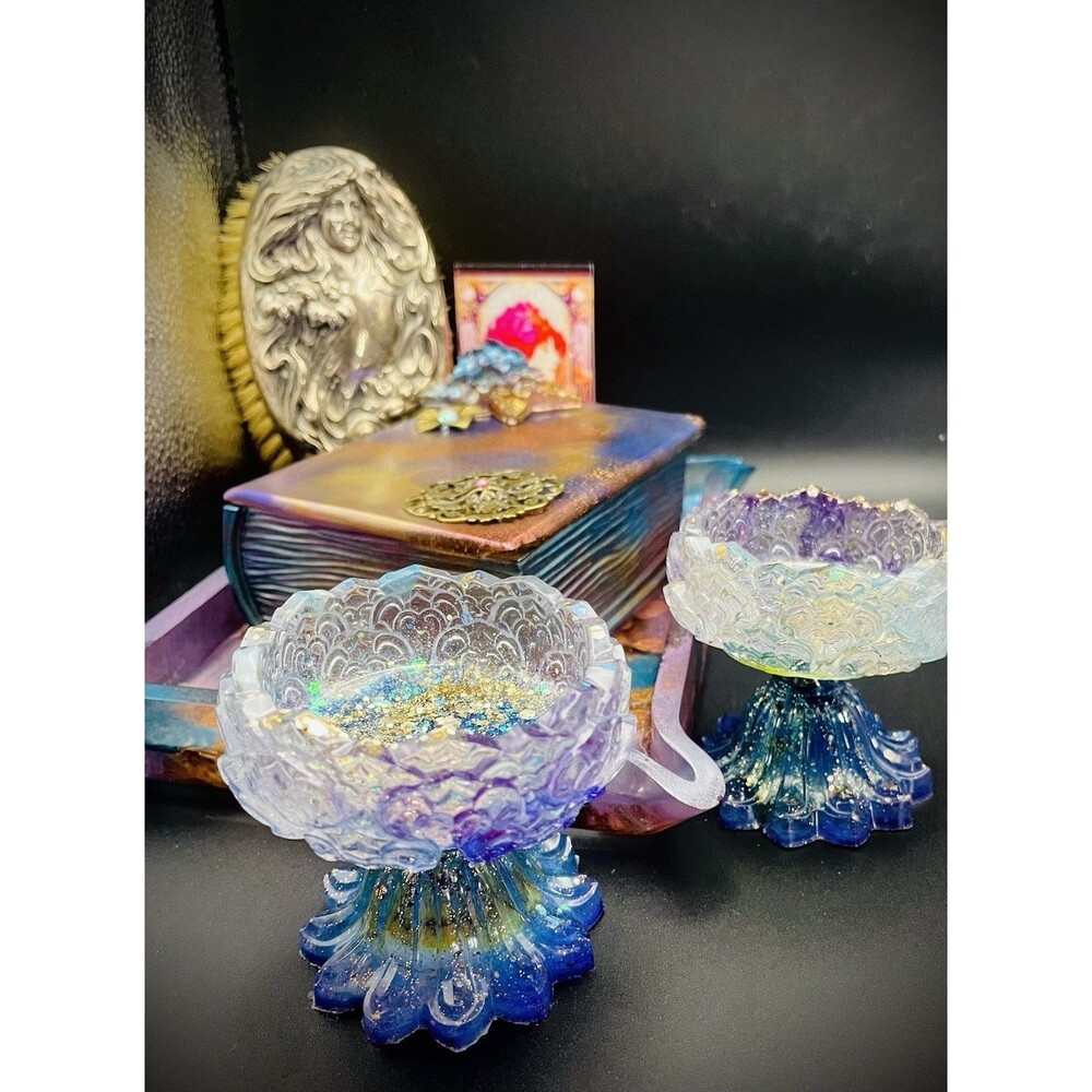Gorgeous Lotus Purple, Blue, & Gold Glitter Tealight Candlesticks 4" High